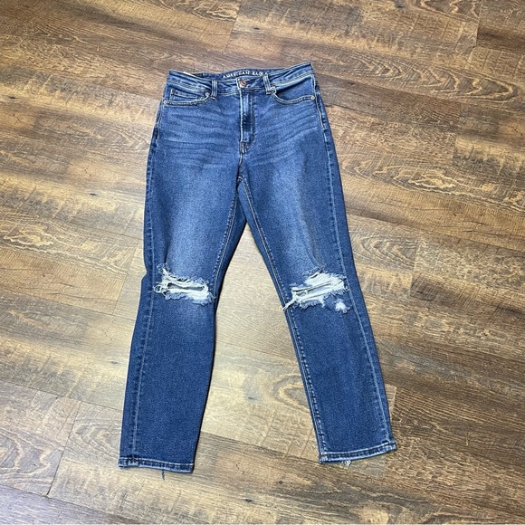American Eagle Outfitters Denim - American Eagle Mom Jeans Womens 6 High Rise Stretch Blue Denim Distressed